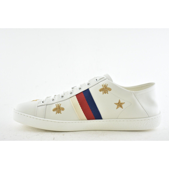 Gucci New Ace White Star Bee Gold GG Logo Flat Low Top Lace Up Tie Sneaker 42 - Picture 8 of 12